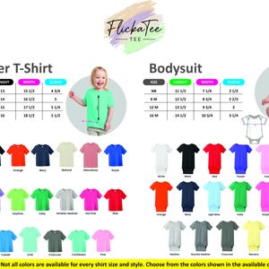 May include: Image displays a size chart for toddler t-shirts and bodysuits, with color options. The chart includes sizes, lengths, widths, and sleeve measurements in inches. A variety of shirt colors are shown, including white, black, and red.