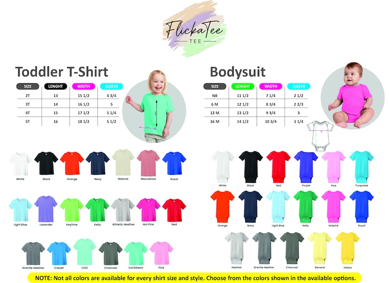 May include: Image displays a size chart for toddler t-shirts and bodysuits, with color options. The chart includes sizes, lengths, widths, and sleeve measurements in inches. A variety of shirt colors are shown, including white, black, and red.
