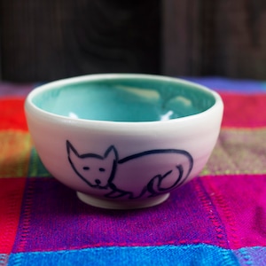 Ceramic Cat bowl - handmade - wheel thrown - planter - pottery bowl - cat - cat lover - teal