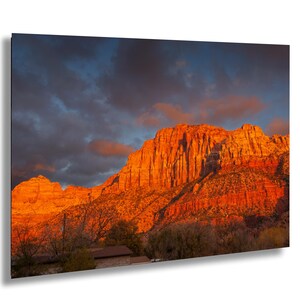 Zion National Park Golden Hour Photo Utah Red Rock Cliff Wall Art Storm Sky Southwest Desert Landscape Photography Print Canyon Wall Decor