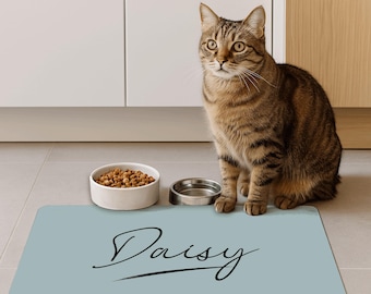 Alfombrilla personalizada para comida de mascotas, estación de alimentación personalizada para perros, mantel individual antideslizante para mascotas con nombre, regalo retro para amantes de los gatos, alfombrilla para comedero de perros