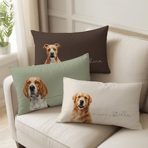 May include: Four rectangular throw pillows with dog portraits. The pillows are in shades of brown, green, and cream. Each pillow features a different dog breed, with the names "Hera" and "Stella" written on two of the pillows.