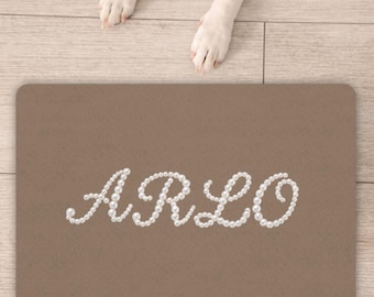 Tapete personalizado para comida de mascotas con nombre en perlas de imitación, tapete personalizado para comederos de perros y gatos, regalo personalizado para mascotas, regalo para cachorros, tapete para alimentar mascotas