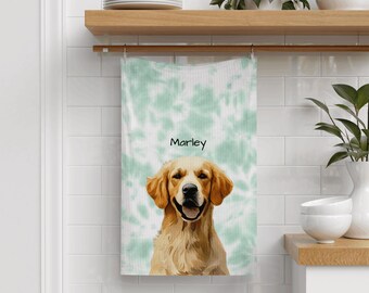 Personalized Tie Dye Kitchen Towel with Watercolor Pet Photo & Name, Custom Pet Lover Gift, Cute Kitchen Gift Dog Face, Dog or Cat Mom Towel