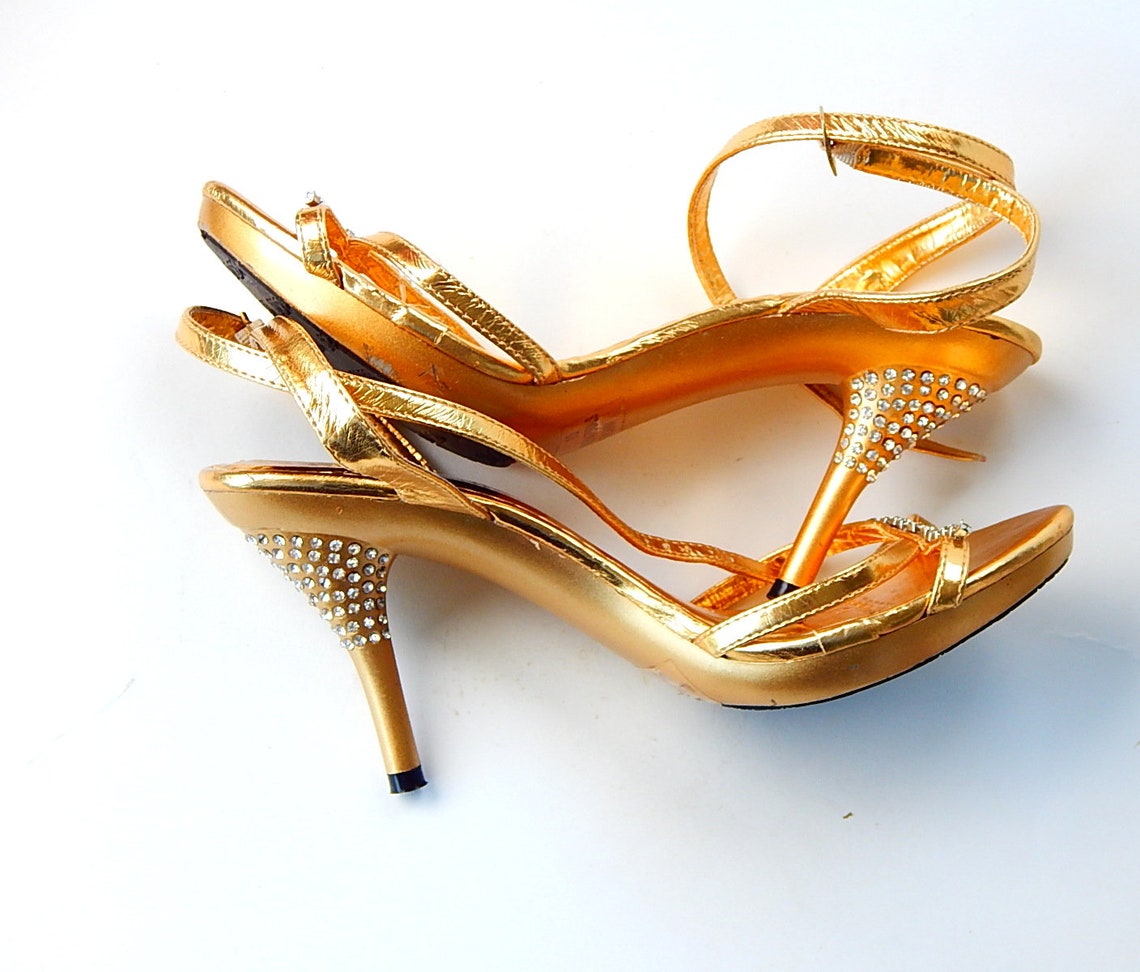 Bling Bright Gold Open Toe Rhinestone Shoes High Heel | Etsy
