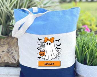Custom Halloween Canvas Tote Bag, Personalized Trick-Or-Treat Bag, School Halloween Kids Gift, Ghost Tote Bag, Halloween Gift Tote Bag