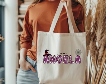 Custom Halloween Canvas Tote Bag, Toddler Goodie Food Basket Bag Monogrammed Personalized Trick-Or-Treat Bag, School Halloween Kids Gift