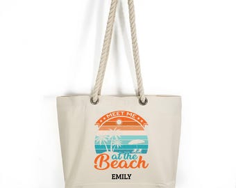 Custom Meet Me At The Beach Tote Bag, Nautical Beach Welcome Bag, Beach Totes, Canvas Tote Bag, Custom Beach Bag, Beach Bachelorette Tote