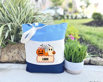 Custom Halloween Canvas Tote Bag, Personalized Trick-Or-Treat Bag, School Halloween Kids Gift, Ghost Tote Bag, Halloween Gift Tote Bag