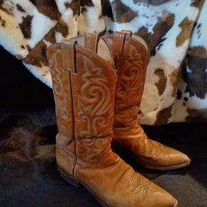 Könnte beinhalten: Ein Paar braune Leder-Cowboystiefel mit spitzer Zehenpartie, einem Blockabsatz und aufwendigen, farblich abgestimmten Stickmustern am Schaft und am Vorderblatt. Die Stiefel verfügen über Anziehschlaufen am Schaft und eine glatte Lederoptik.