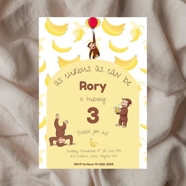Curious George Monkey Birthday Invitation, Digital and Printable Kid's Birthday Invite (5"x7" Canva Template), Matching Welcome Sign