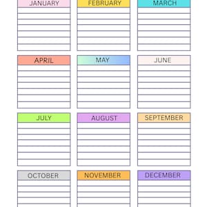 May include: A colorful year plan template with the title "YEAR PLAN" at the top. The plan is divided into 12 months, each with a different pastel color header and lined spaces for notes. The months are January through December.