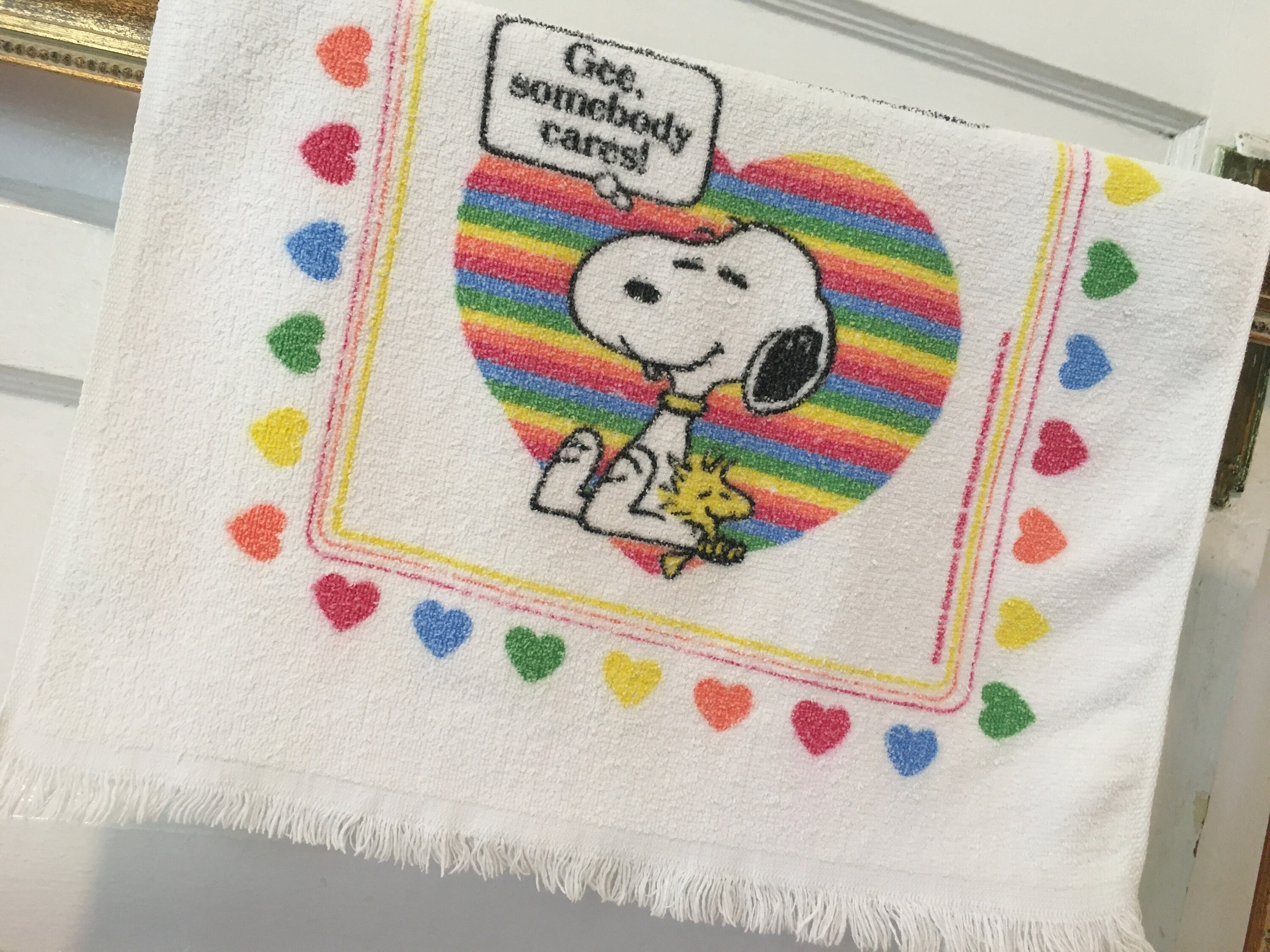 Vintage Snoopy and Woodstock Dish Towel / Rainbow / Hearts/ Gee