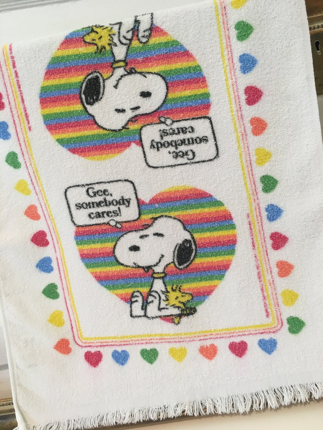 Vintage Snoopy and Woodstock Dish Towel / Rainbow / Hearts/ Gee