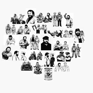 以下が含まれることがあります： 様々なポーズや環境にいる男性を描いた白黒イラストのコレクション。画像には、ポートレート、アクションショット、他の人物とのシーンが含まれています。「Fagioli Bud Spencer」の缶も含まれています。