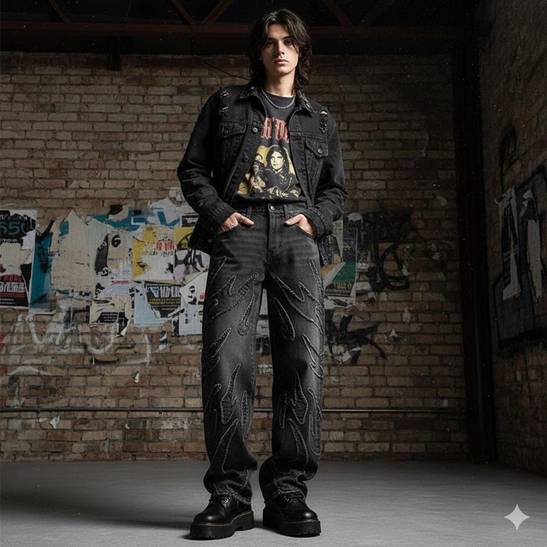 Flame Embroidered Wide Leg Jeans – Black Grunge Y2K Denim Pants