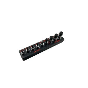 May include: A black socket organizer with multiple sockets of varying sizes. The sockets are silver and black, and the organizer has red text indicating the socket sizes, including 1/2" drive and 3/8" drive.