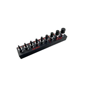 May include: A black socket organizer with various sized hex bits. The organizer has the text "KOBALT AUTHORITY DRIVE ORGANIZER" and size markings in red. The sizes are 4, 5, 6, 7, 8, 10, and 1/2 Drive.