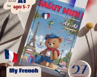 May include: A colorful French language learning book titled "Salut Mini!" for ages 5-7, featuring a cartoon bear with a suitcase in front of the Eiffel Tower. Includes the text "My French Busy Book" and "27 pages".