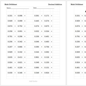 Puede incluir: Dos hojas de trabajo para problemas de suma decimal. La hoja de trabajo izquierda está en blanco, con espacios para un nombre y una fecha. La hoja de trabajo derecha es la clave de respuestas, con las respuestas completas. El texto "Answer Key" está en la parte superior.