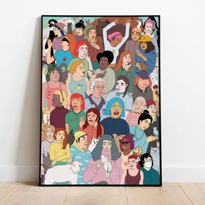 Peut inclure: Une impression d'art murale encadrée rectangulaire présentant une illustration dense et colorée de personnes diverses et d'animaux variés regroupés. L'œuvre affiche une large gamme de couleurs de cheveux, de styles vestimentaires et d'expressions.