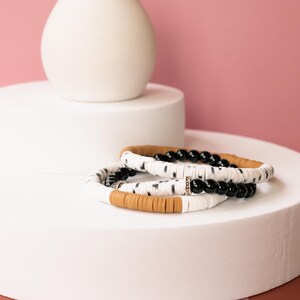 Handmade and Versatile Black, White, and Gold Beaded Bracelet Stack