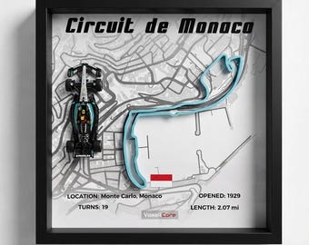 F1 Monaco Circuit Shadow Box | 3D Printed Track, Mercedes Diecast Car (12x12 Inch)