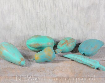 Decorative wood fruit, shades of turquoise, beach decor, hand painted and distressed, cute and unique wooden fruit, upcycled