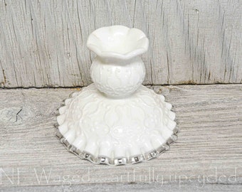 Vintage Fenton Milk Glass Candlestick Holder: Ruffled Edge Lace Design