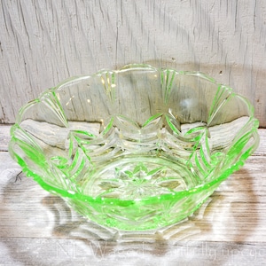 Vintage Green Vaseline Glass Bowl: Cut Pattern Salad Bowl