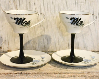 Wine glass, cute wine glass, Tea cup wine glass, Mr. and Mrs. teacup wine glass, unique wine glass, couple gift, wedding gift, set of 2