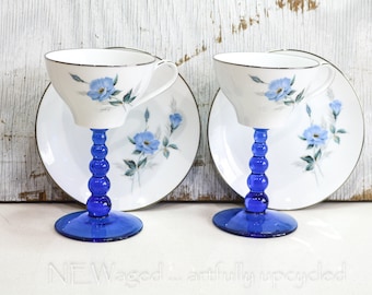 Upcycled Teacup Wine Glass Set: Handcrafted Stemware with Saucers