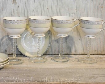Teacup Wine Glass Set: Upcycled Cocktail Glasses with Saucers