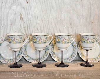 Upcycled Teacup Wine Glass Set: Cottage Chic Stemware, Set of 4