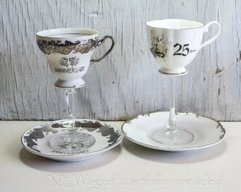 Upcycled Teacup Wine Glass, 25th Anniversary Gift, Set of 2