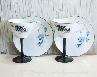 Upcycled Teacup Wine Glass Set, Mr. and Mrs. Wedding Gift