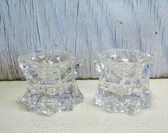 Vintage Multi-Faceted Glass Taper Candlestick Holders - Set of 2