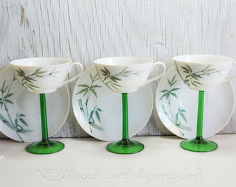 Hand Painted Bamboo Teacup Wine Glass Set: Upcycled Cottage Chic