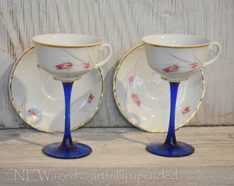 Tea cup wine glass, teacup wine glass, set of 2, matching saucers, classy wine gifts, wedding wine glass, unique wine glasses