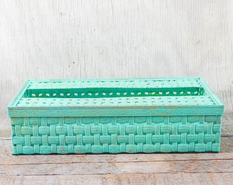 Tissue box cover, Vintage tissue holder, distressed, light turquoise, metal tissue box cover, faux basket weave, upcycled