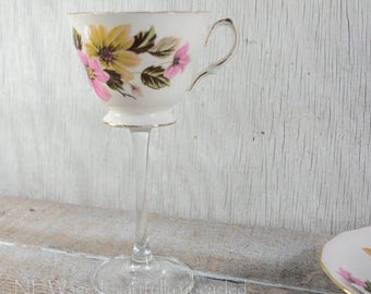 Tea cup wine glass, teacup wine glass, wedding wine glass, unique wine glass, cottage chic, repurposed, upcycled