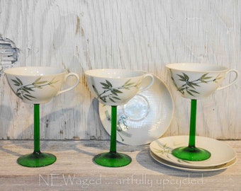 Teacup wine glass, Cocktail teacup, Unique wine glass, Hand painted bamboo motif wine glass, set of 3, with matching saucers, one of a kind