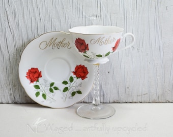 Repurposed Tea Cup Wine Glass, Mother & Rose Design, Cottage Chic