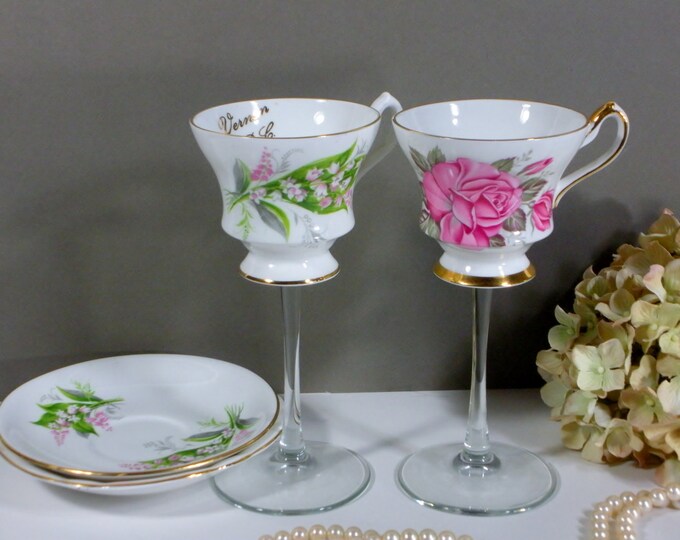 Tea Cup Wine Glass Set / Mismatched Vintage Teacups / Teacup Etsy