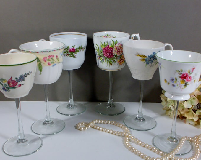 Vintage Mistmatched Teacup Wine Glasses / Tea Cup Wine Glass / Wedding
