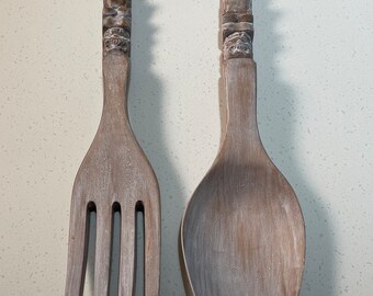 Large wooden fork and spoon, cute painted fork and spoon, wood, wall hanging, wall décor, distressed, white washed, upcycled