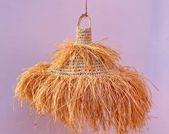 Straw ball pendant light with raffia fringes , moroccan straw lampshade