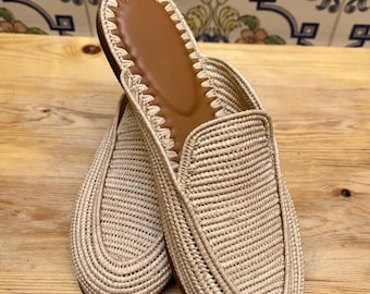 Handmade Moroccan Raffia Mules: Vegan Women's Sandals , artisan slides with Leather Lining