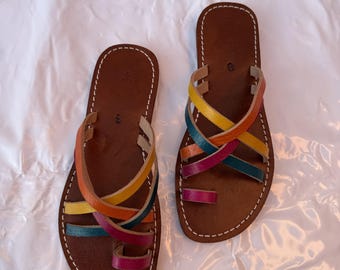 Comfortable Easy Wear Slip on Handmade morrocan Leather Sandals , Multicolor Strappy Leather Slides