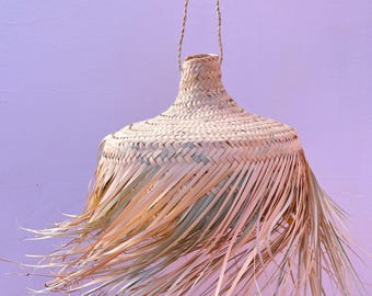 Suspension bohème en paille, abat-jour marocain en jonc de mer, lumière feuille de palmier